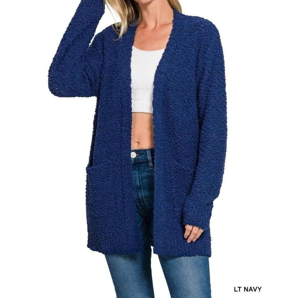242. New Zenana Navy Blue Popcorn Knit Open Front Cardigan Sweater with Pockets
